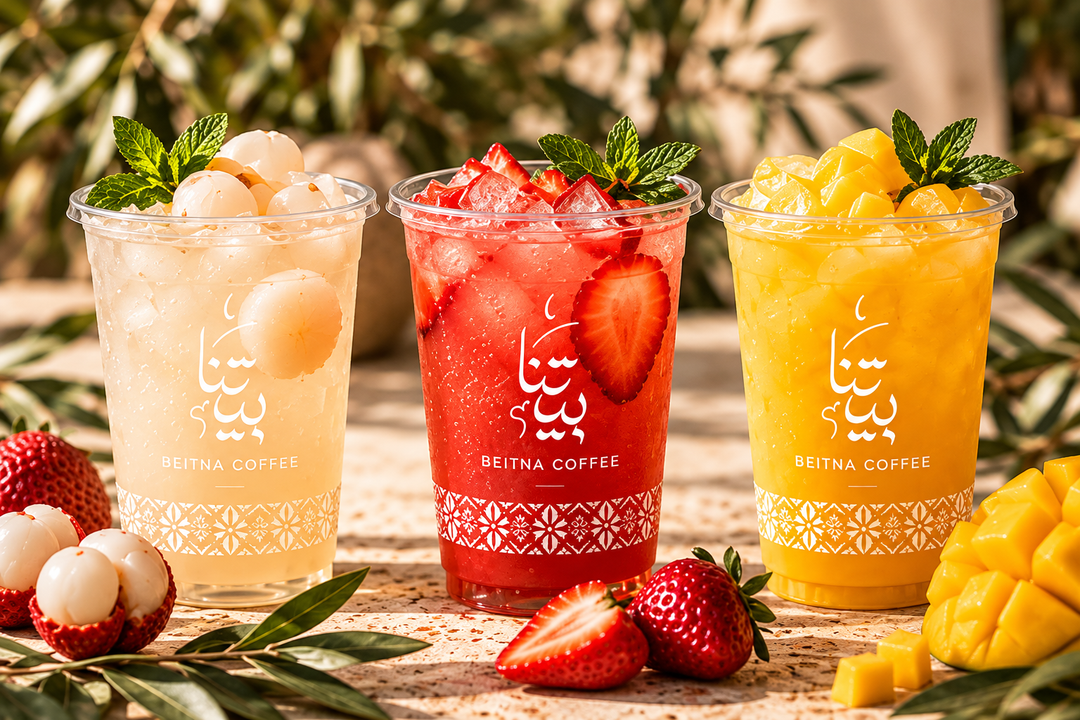 Lychee, strawberry and mango refreshers in branded clear Beitna cups