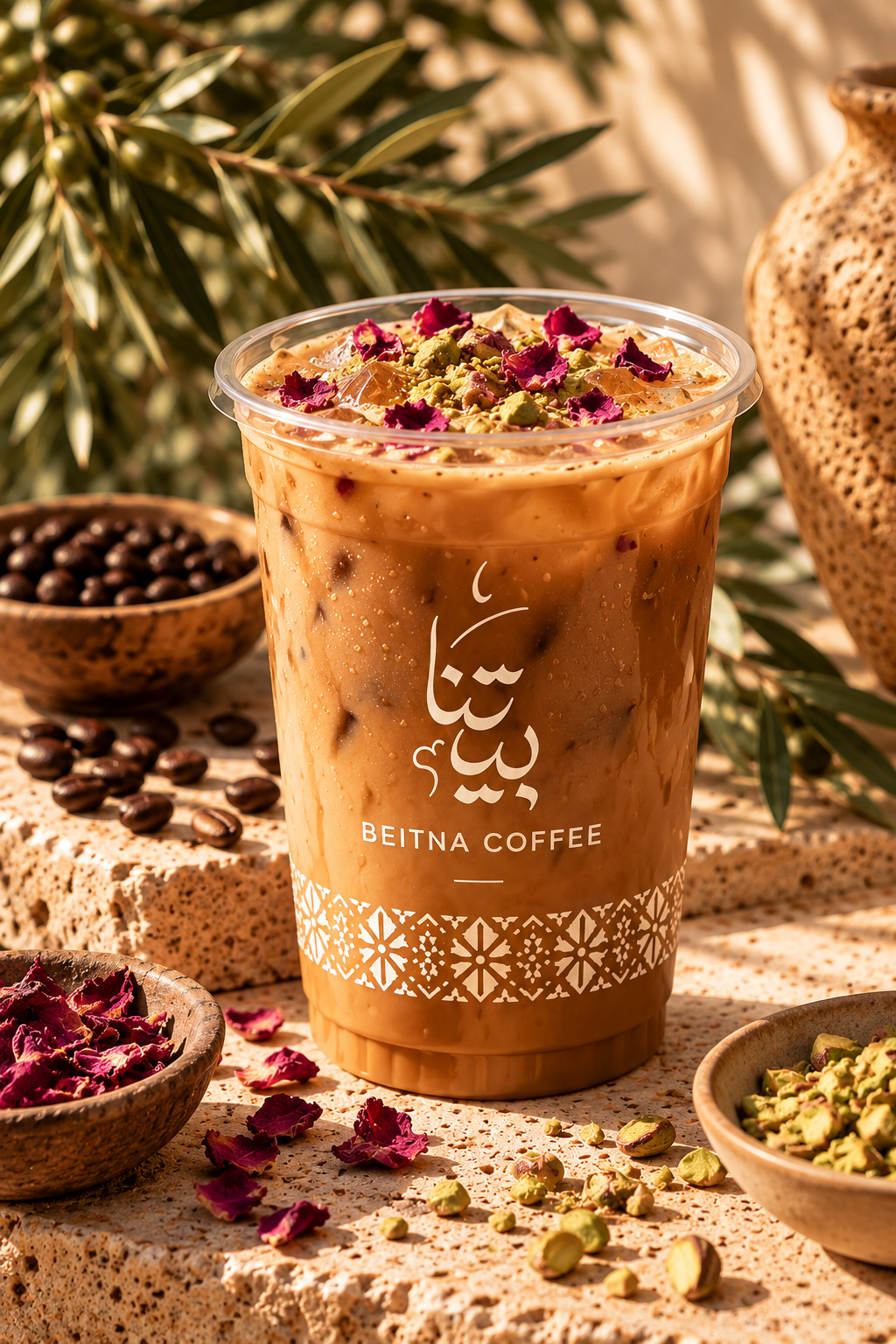 Signature iced coffee with rose petals and pistachios in a Beitna PET cup