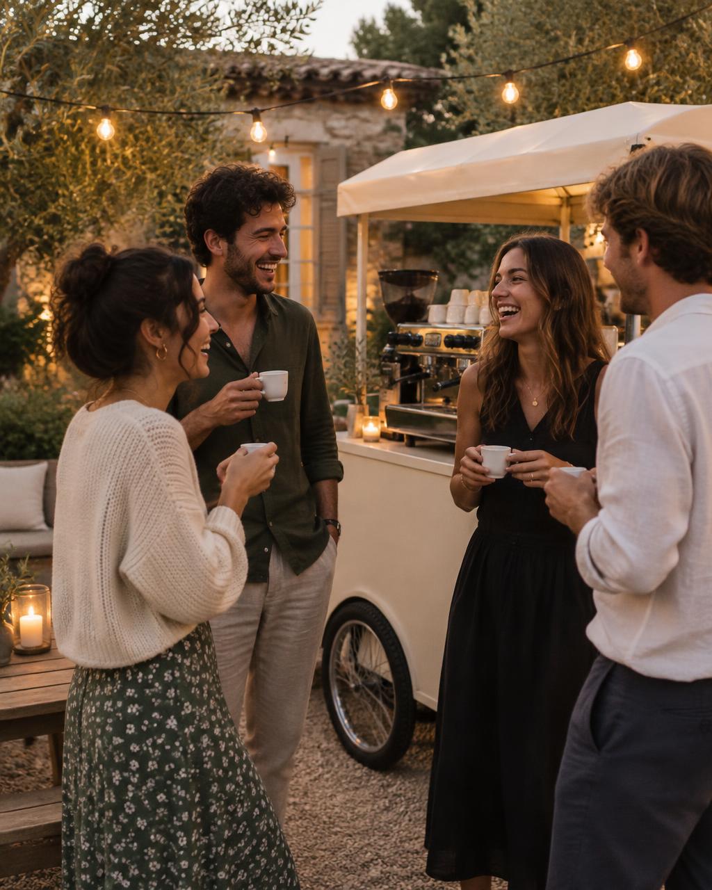 Friends sharing coffee at an evening backyard gathering