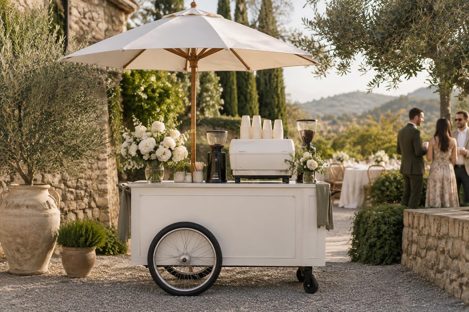 Complete white coffee cart styled for a garden wedding