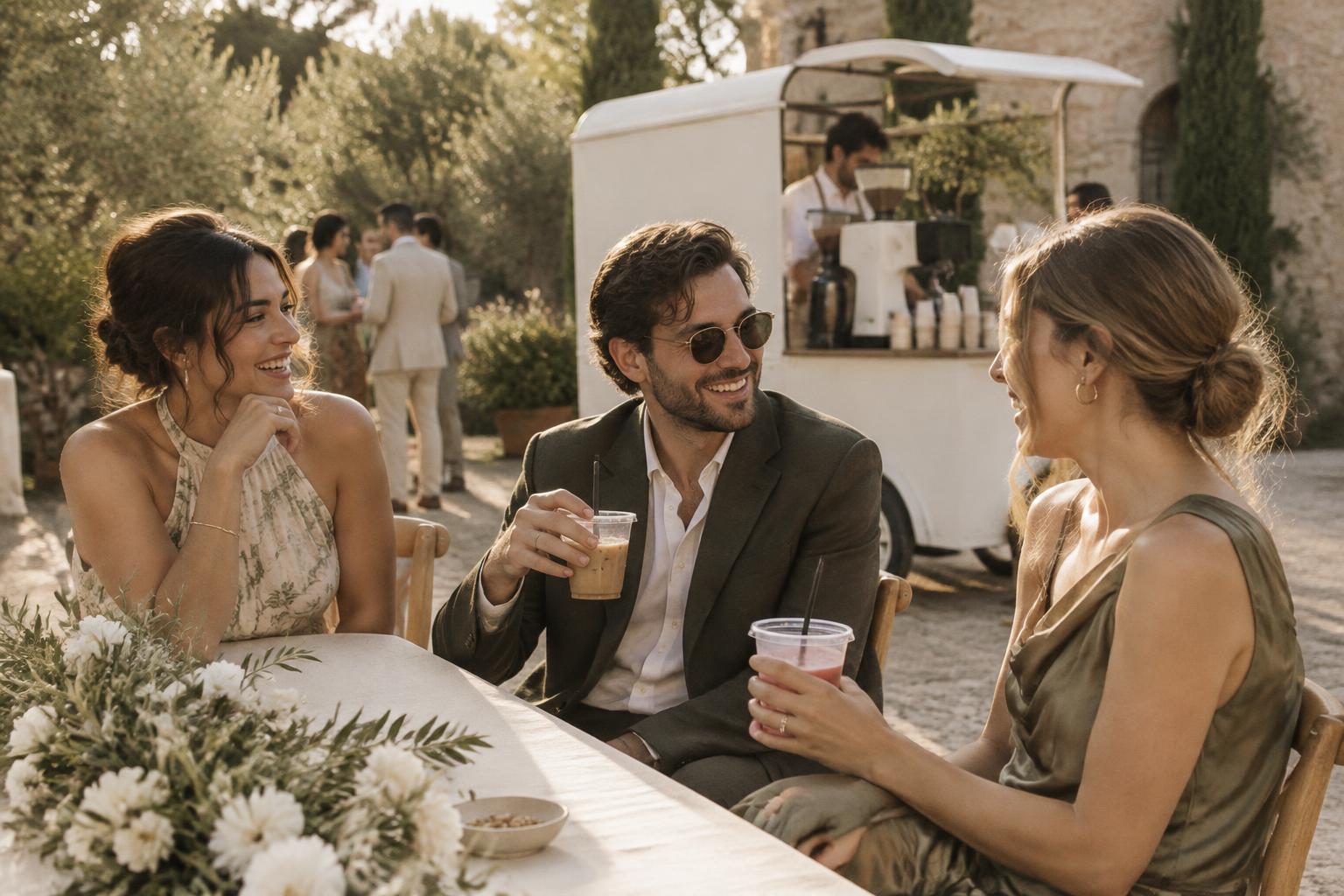 Friends laughing over coffee at a garden celebration