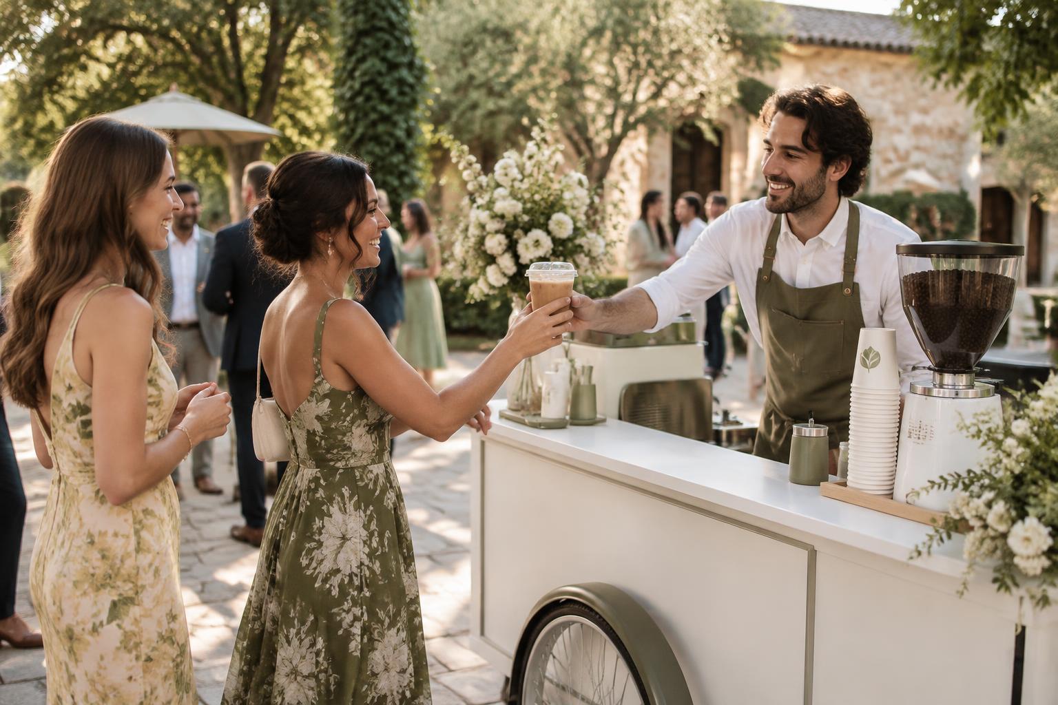 Barista handing an iced coffee to a guest at a garden wedding